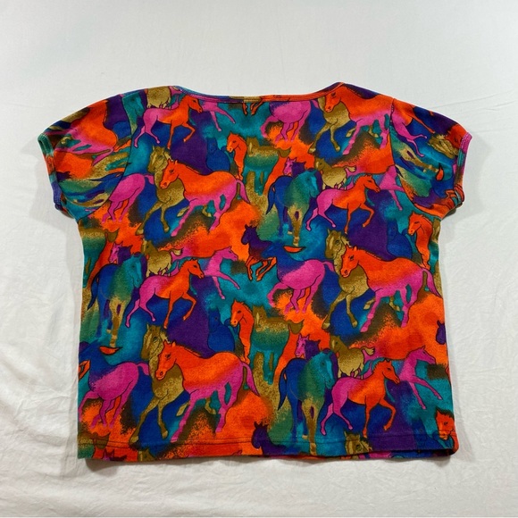 Colorful Horse Print Shirt Top Beaded Medium size cropped Top VNeck Short sleeve - Picture 2 of 5
